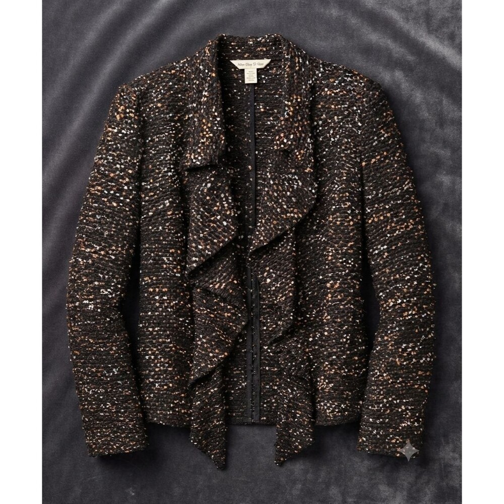 Coldwater Creek S Tweed Cardigan Jacket Multicolor Ruffle Waterfall Open Front